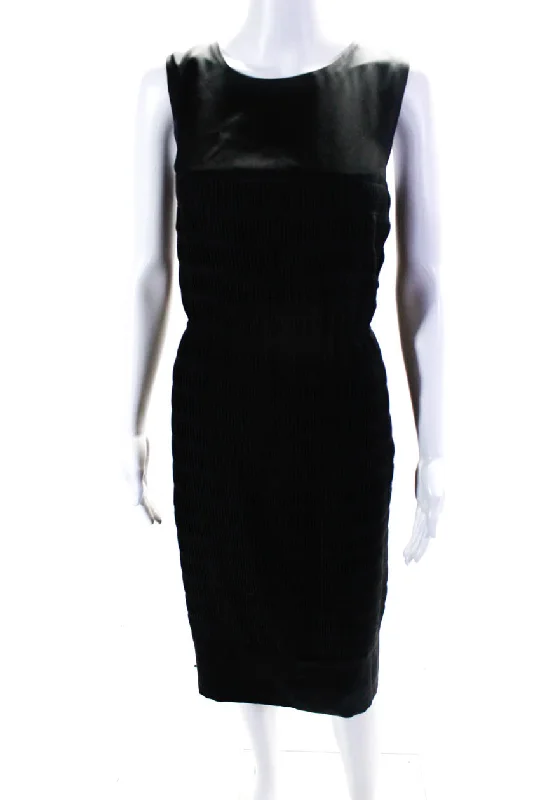 Rochas Womens Satin Pleated Sleeveless Zip Up Shift Dress Black