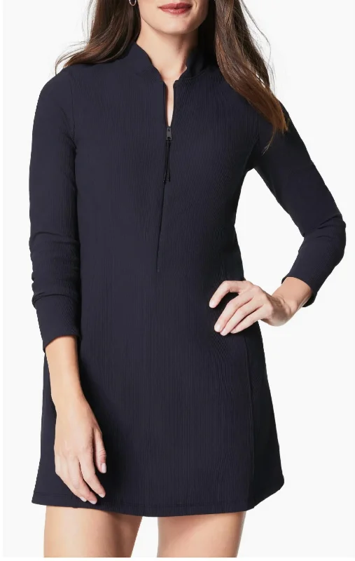 Rib Half Zip Long Sleeve Dress In Black