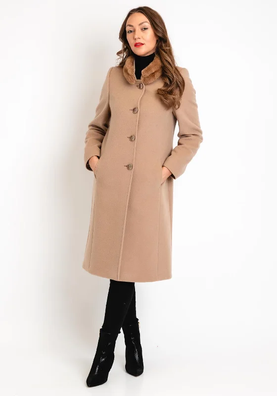 Christina Felix Faux Fur Collar Wool Long Coat, Camel