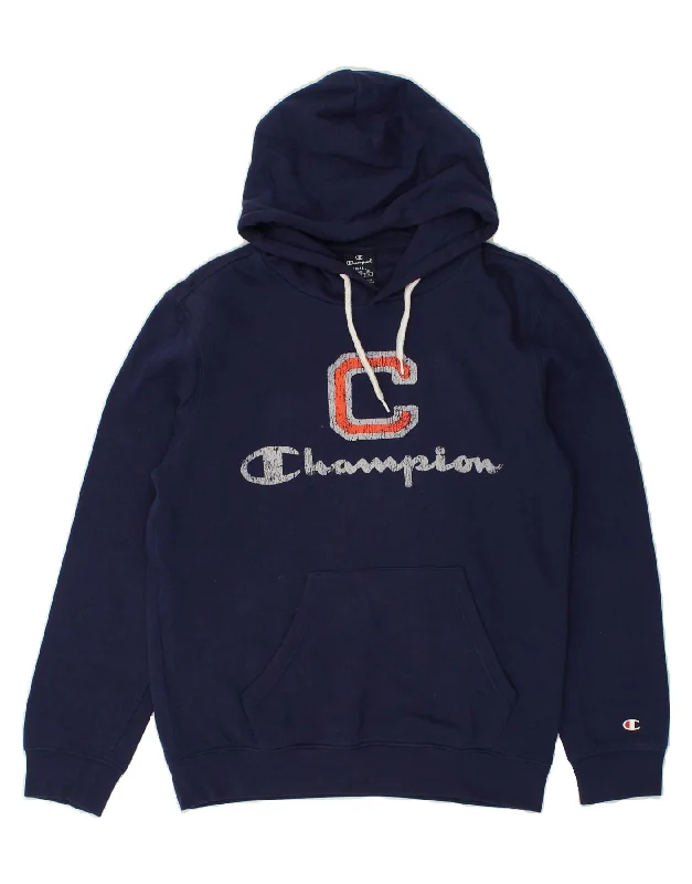 CHAMPION Womens Graphic Hoodie Jumper UK 10 Small Navy Blue Cotton