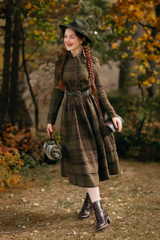 Amy Dress, Long Sleeve, Twill Linen, Oak Tartan