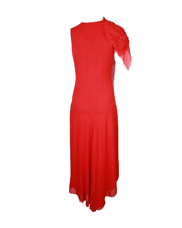 Yohji Yamamoto Ruffle Detail Maxi Dress in Red Polyester