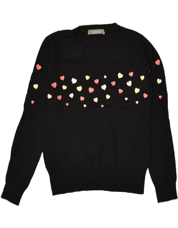 OASIS Womens Crew Neck Jumper Sweater UK 10 Small Black Viscose Heart