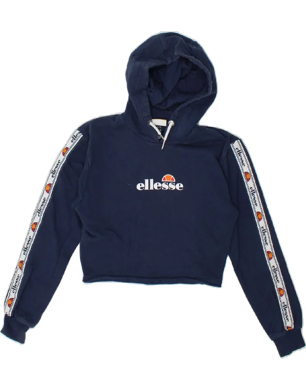 ELLESSE Womens Graphic Crop Hoodie Jumper UK 6 XS Navy Blue Cotton