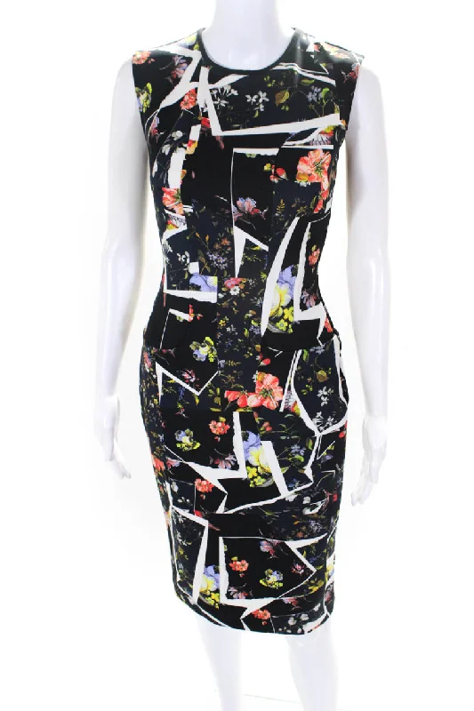 Erdem Womens Floral Print Round Neck Sleeveless Mid-Calf Dress Navy