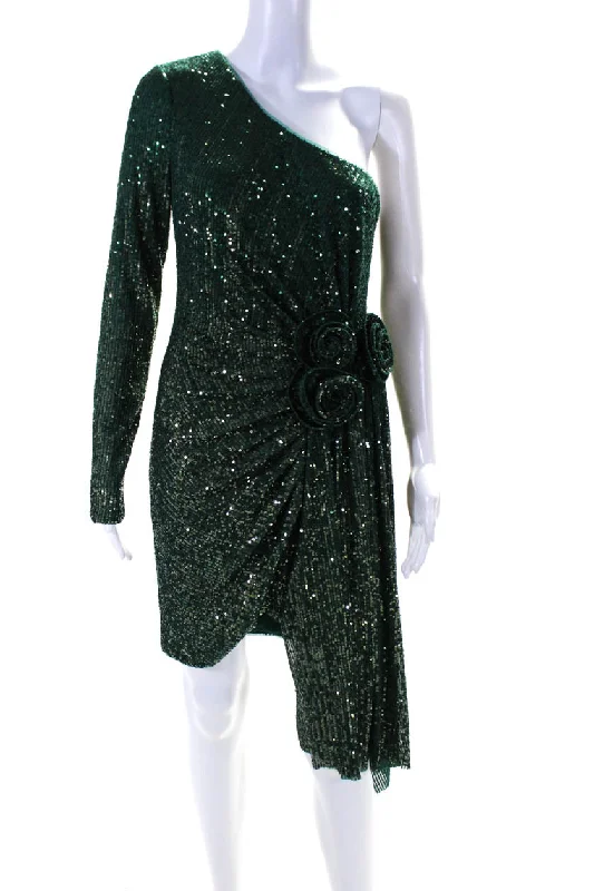 Badgley Mischka Womens Long Sleeve One Shoulder Sequin Sheath Dress Green