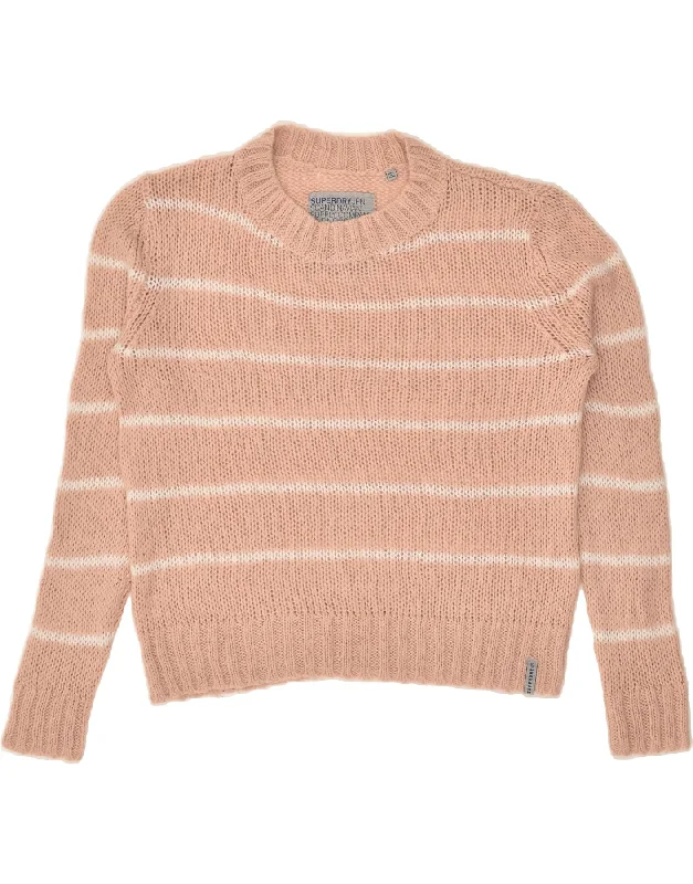 SUPERDRY Womens Crew Neck Jumper Sweater UK 14 Medium Beige Striped