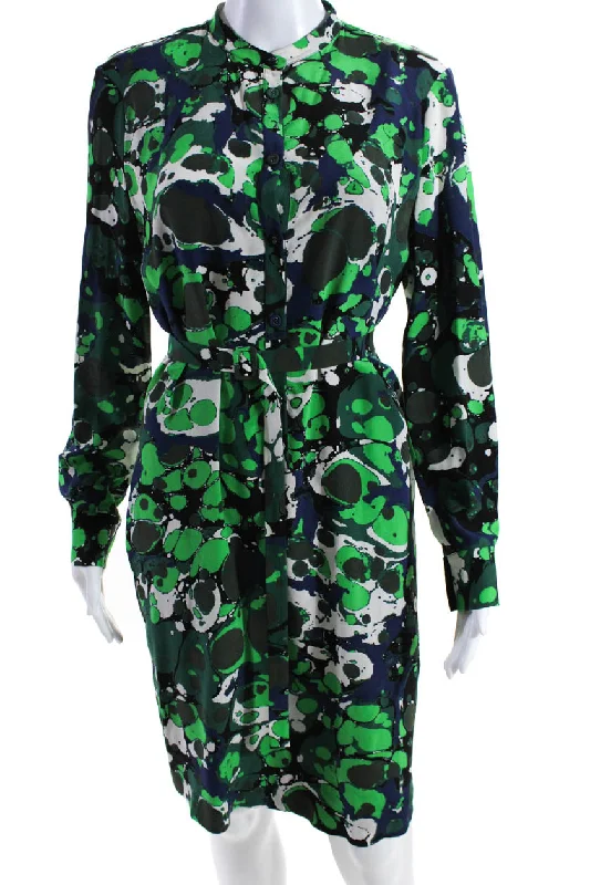 Bottega Veneta Womens Silk Abstract Print Belted Dress Blue Green