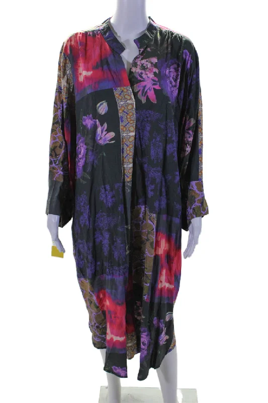 Noen Womens Black Floral Print V-neck Long Sleeve A-Line Dress