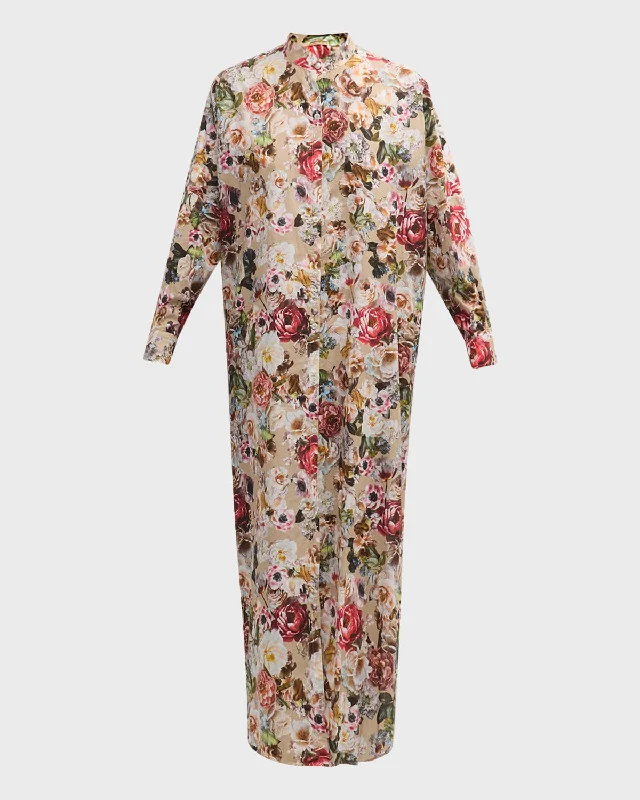 Band-Collar Flower-Print Voile Long-Sleeve Maxi Caftan Dress