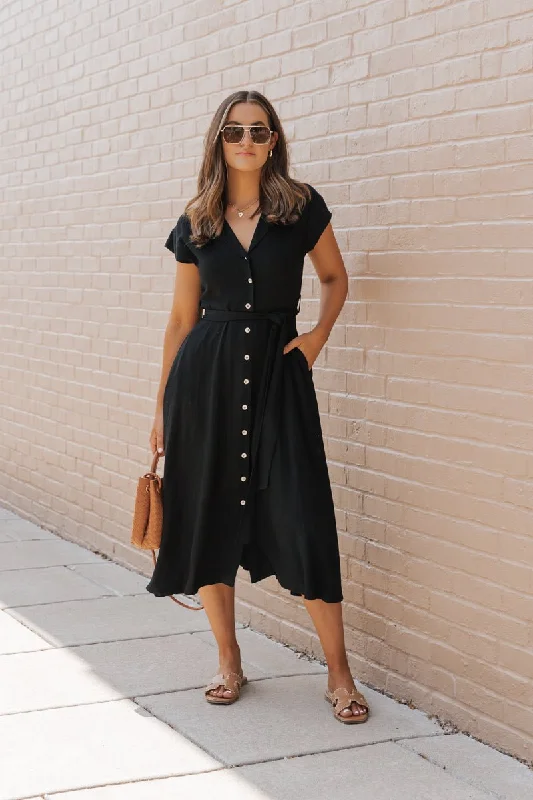 Black Button Down Tie Midi Dress