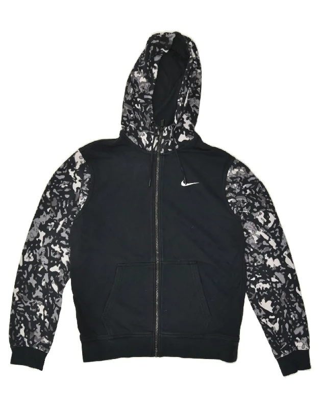 NIKE Womens Zip Hoodie Sweater UK 14 Medium Black Camouflage Cotton