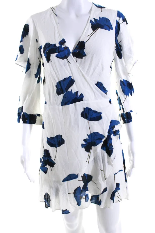 Michelle Mason Womens Floral Print Short Sleeves A Line Wrap Dress White Blue