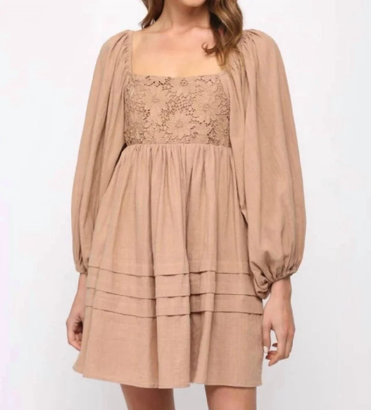 Lace Puff Sleeve Dress In Light Brown