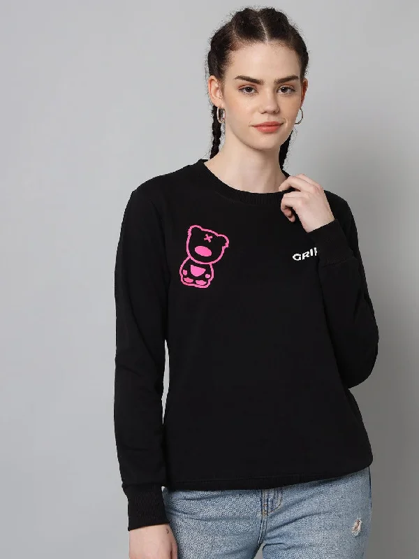 Griffel Women’s Teddy Print Round Neck Pink Black Cotton Fleece Full Sleeve Sweatshirt