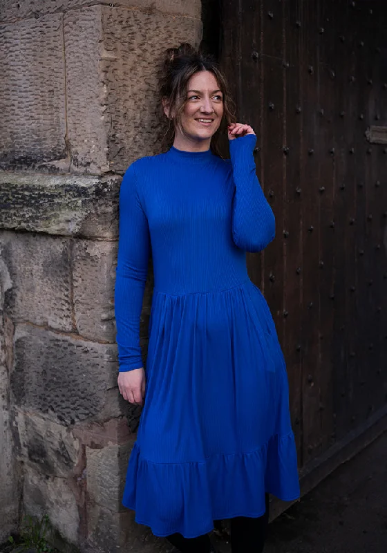 Lilah Cobalt Blue Turtle Neck Tiered Hem Dress