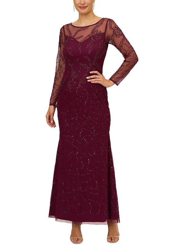 Womens Beaded Shear Evening Dress