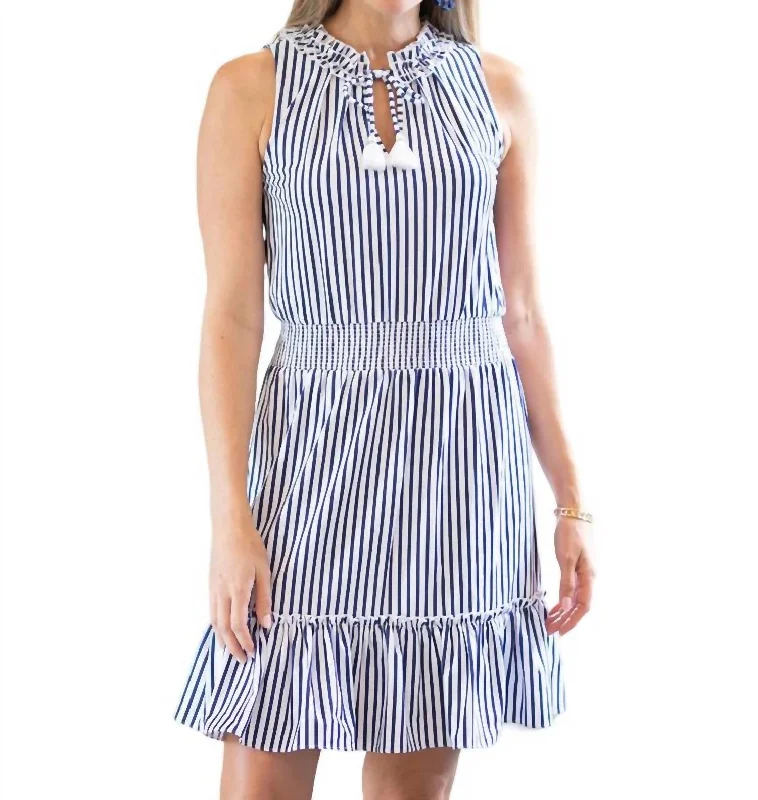 Sleeveless Ruffle Dress In Navy Stripe