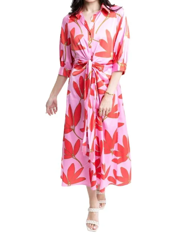 Satin Palm Floral Knot Shirt Dress In Pink/cherry