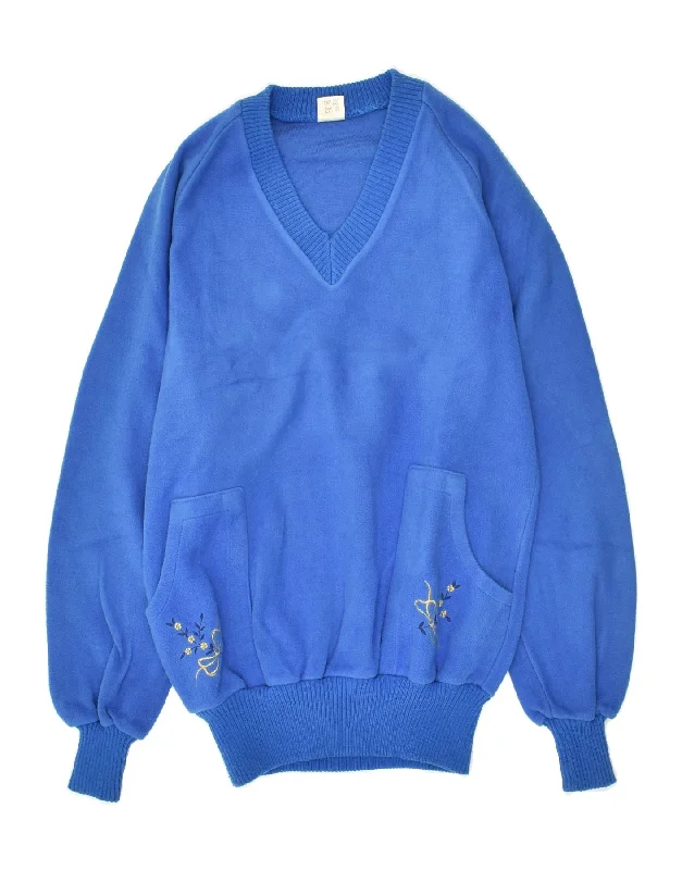 VINTAGE Womens V-Neck Fleece Jumper UK 10 Small Blue Polyacrylic