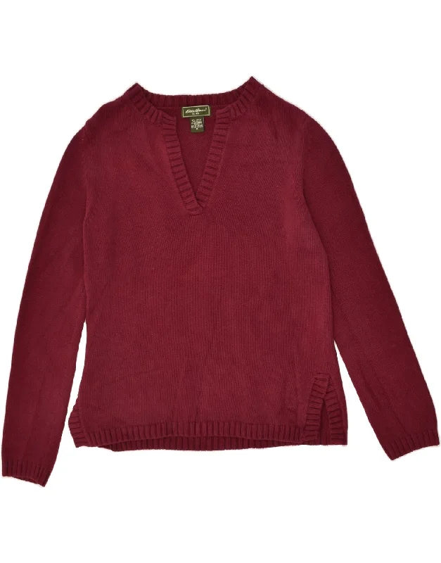 EDDIE BAUER Womens V-Neck Jumper Sweater UK 14 Medium Burgundy Cotton