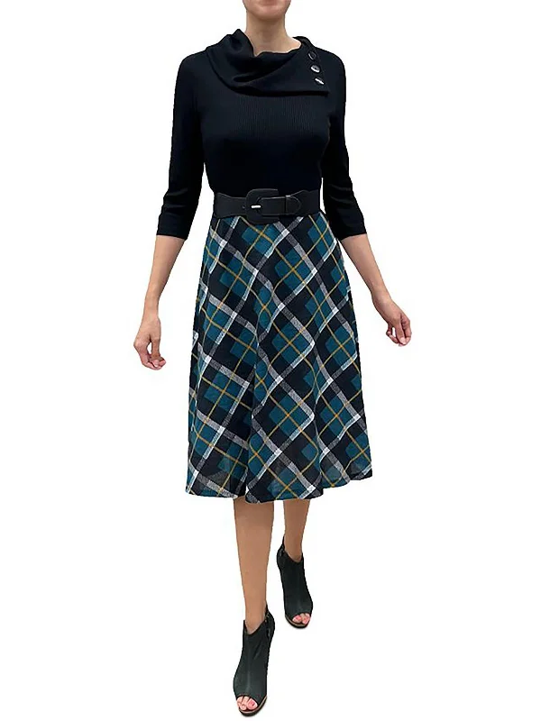 Womens Plaid Cowl Neck Sweaterdress