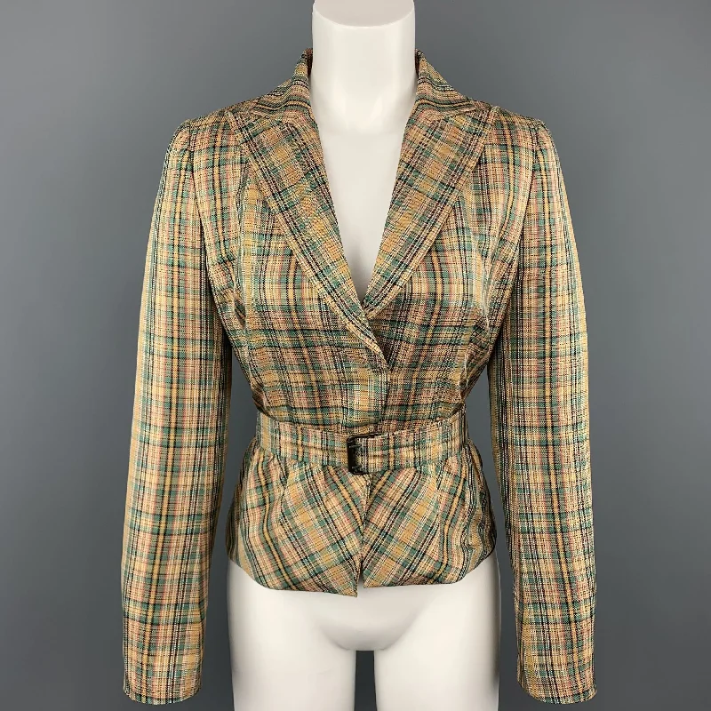 AKRIS Size 8 Gold & Green Plaid Silk  Cropped Belted Blazer