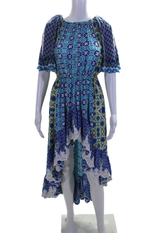 Rococo Sand Womens Silk Blue Printed Off Shoulder Hi-Low Dress