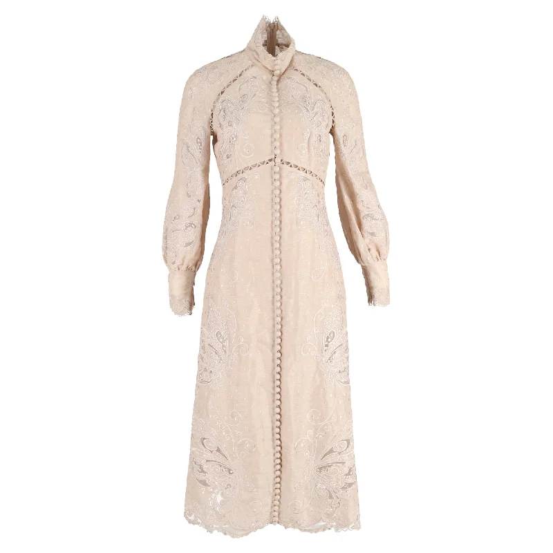 Zimmermann Super Eight Embroidered Midi Long Sleeve Dress in Beige Linen