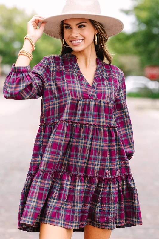 One Way Plum Purple Plaid Dress