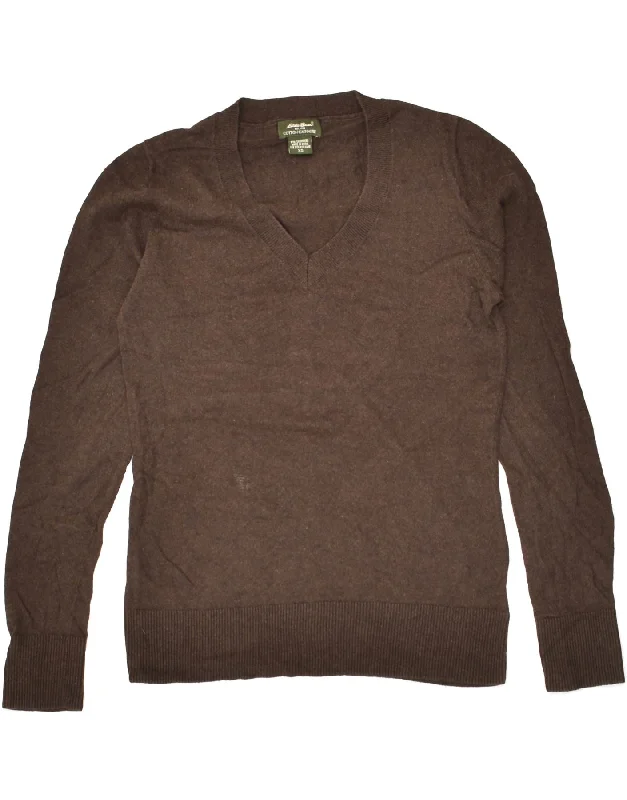 EDDIE BAUER Womens V-Neck Jumper Sweater UK 6 XS Brown Cotton