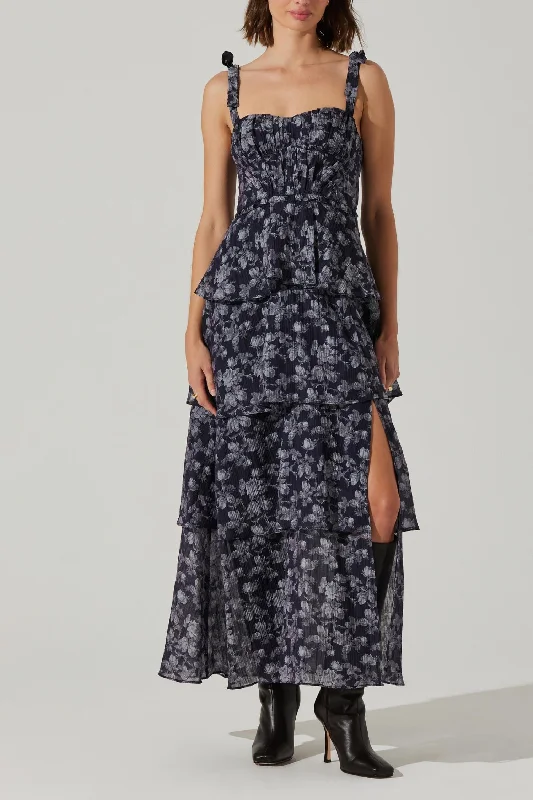 Mellorie Floral Tiered Maxi Dress In Navy Grey Floralcolor