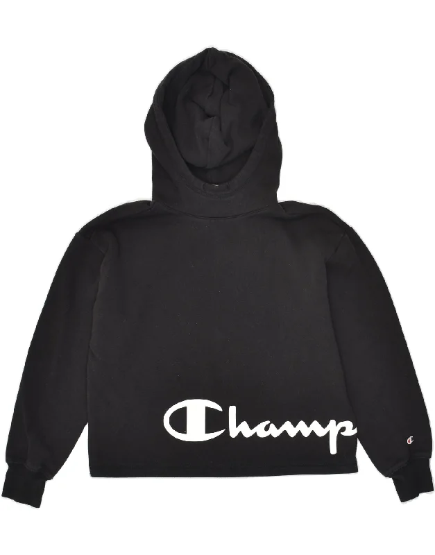 CHAMPION Womens Crop Graphic Hoodie Jumper UK 10 Small Black Cotton