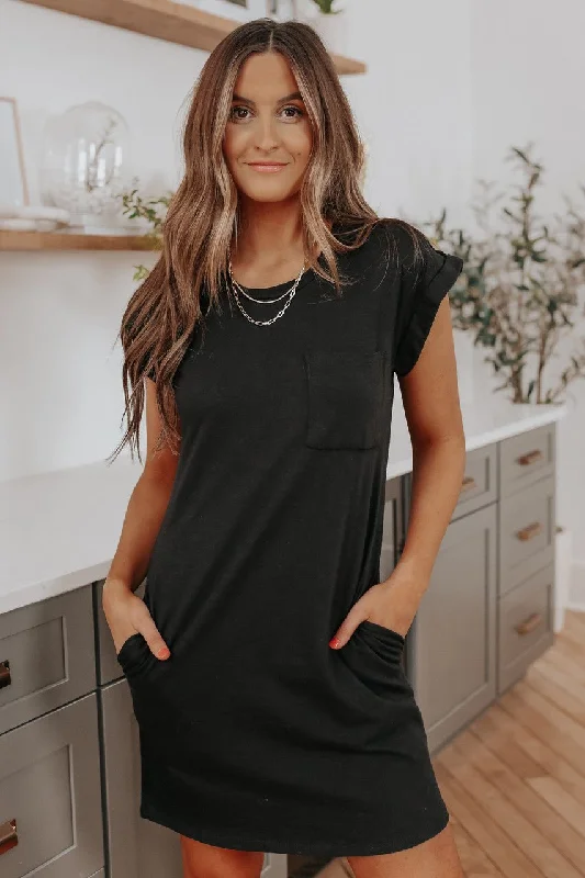 Cuffed Sleeve Black Pocket T-Shirt Dress - FINAL SALE