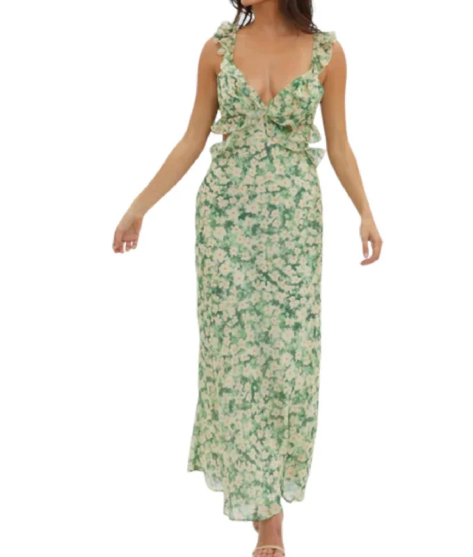 Floral V-Neck Maxi Dress In Green