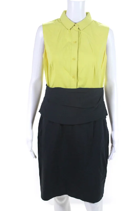 Akris Punto Women's Collared Button Front Sheath Dress Yellow Navy