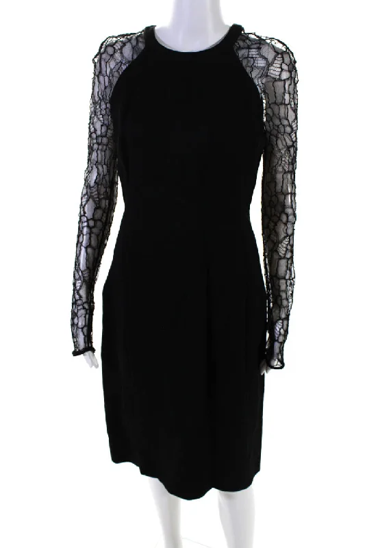 Jason Wu Womens Back Zip Lace Long Sleeve Crew Neck Sheath Dress Black