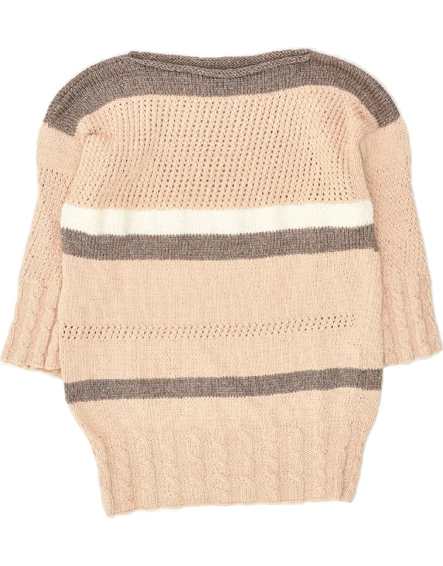 VINTAGE Womens 3/4 Sleeve Boat Neck Jumper Sweater UK 6 XS Beige Striped