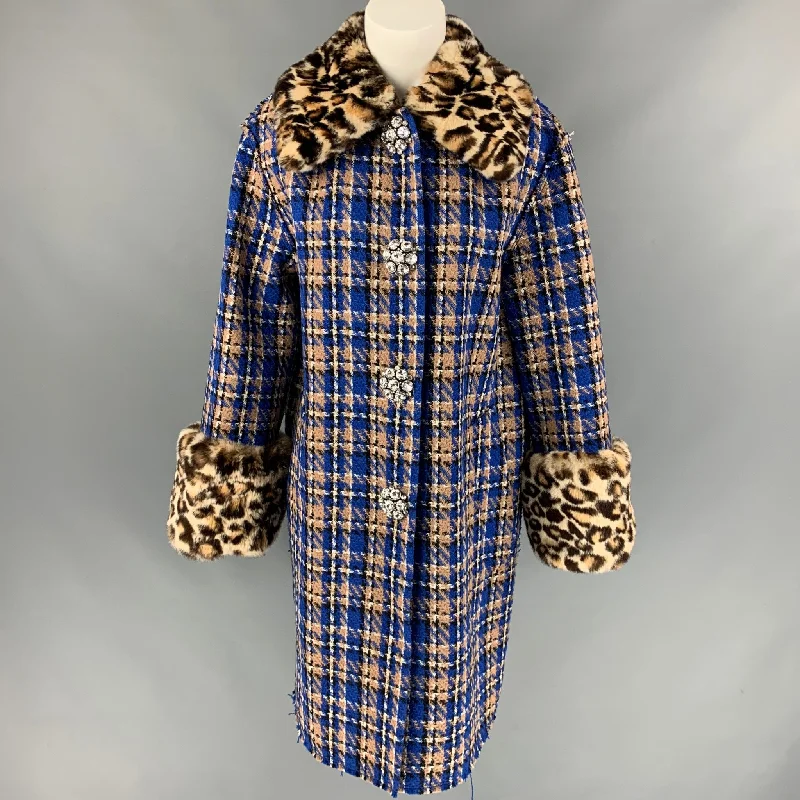 MARC JACOBS Size 2 Blue & Tan Wool / Polyamide Plaid Rabbit Fur Crystal Buttons Coat