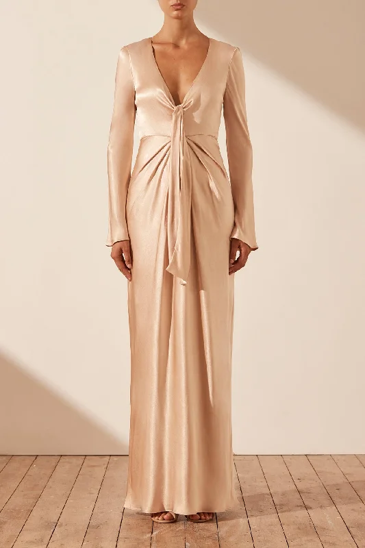 LA LUNE PLUNGED TIE FRONT MAXI DRESS - DESERT ROSE