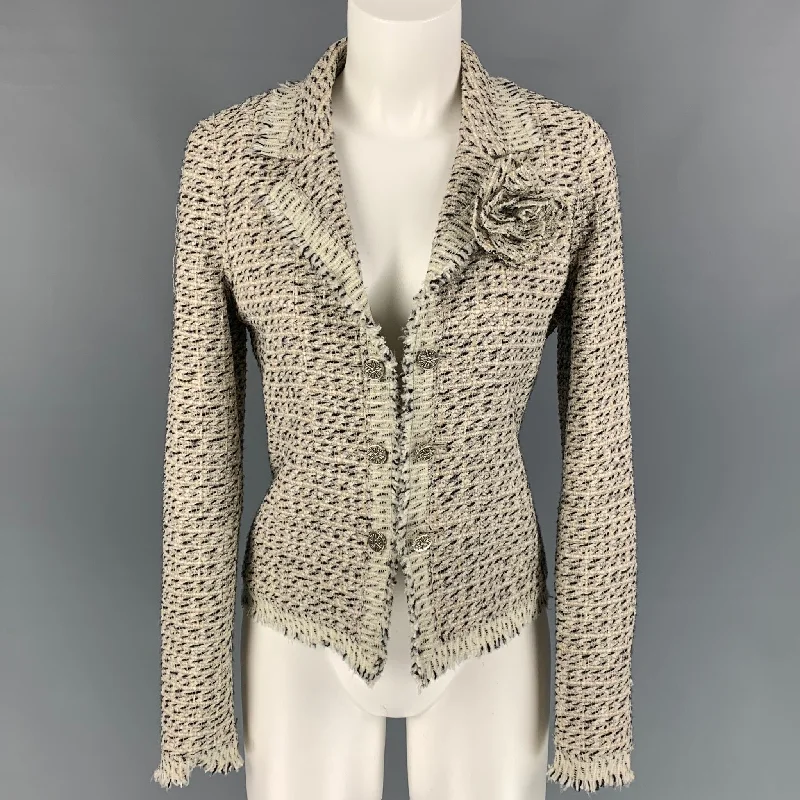 CHANEL Size 6 Cream & Black Boucle Cotton Blend Jacket