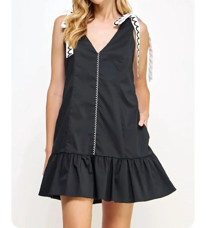 Scallop Tie Mini Dress In Black