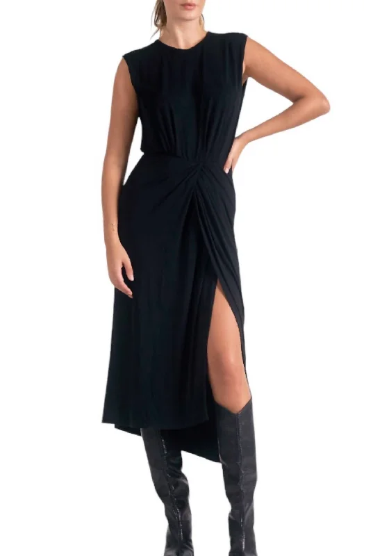 Felicia Sleeveless Midi Dress With Front Slit In Black