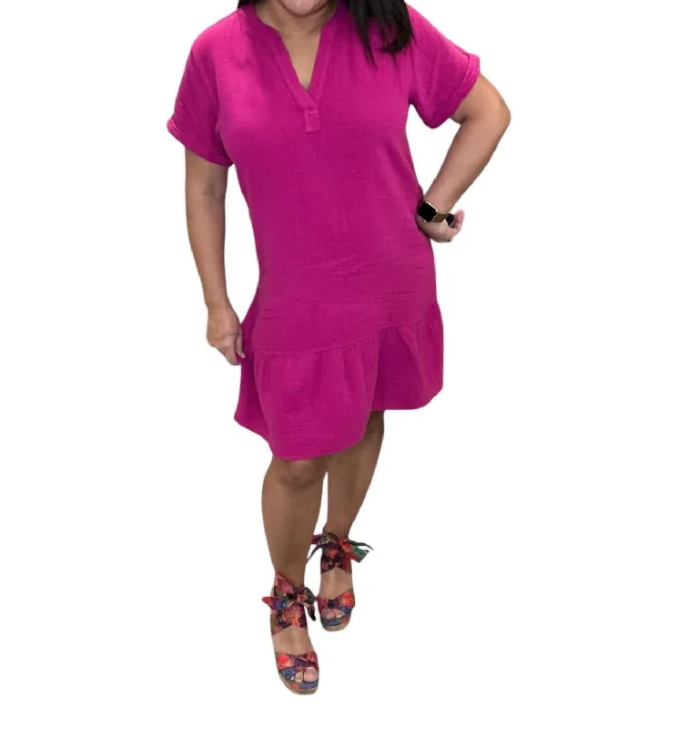 Split Neck Ruffle Hem Dress In Fuchsia