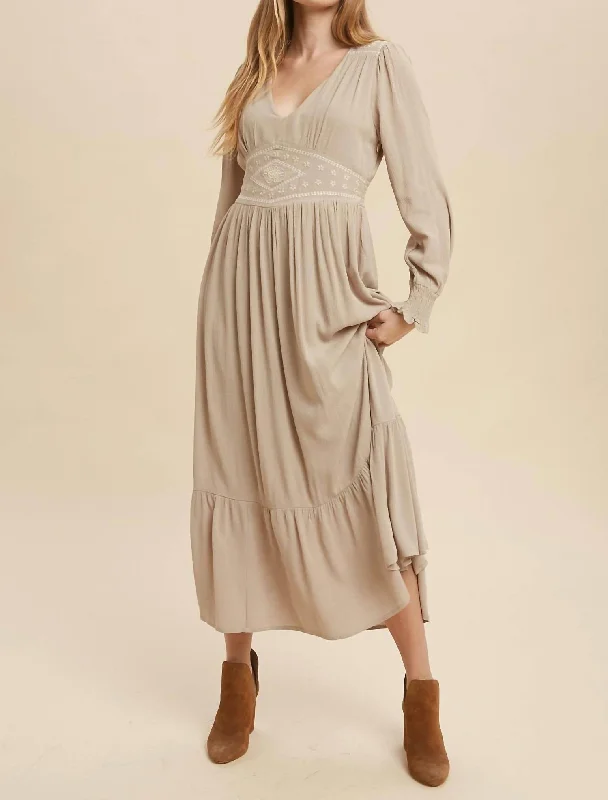 Laura Embroidered Maxi Dress In Taupe