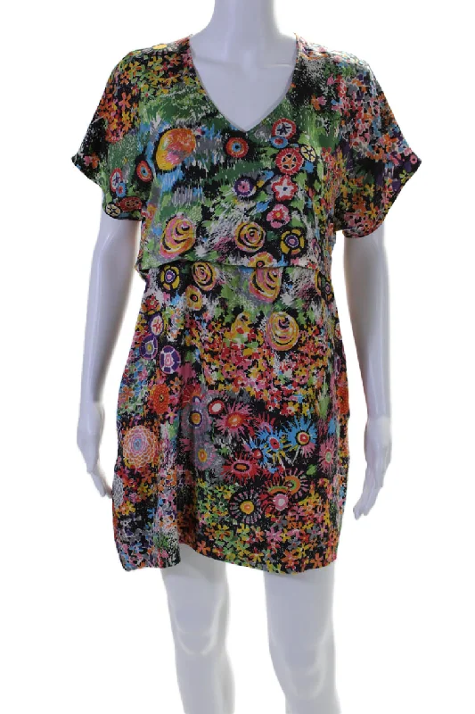 See by Chloe Womens Silk Floral Print V Neck A Line Dress Multi Colored