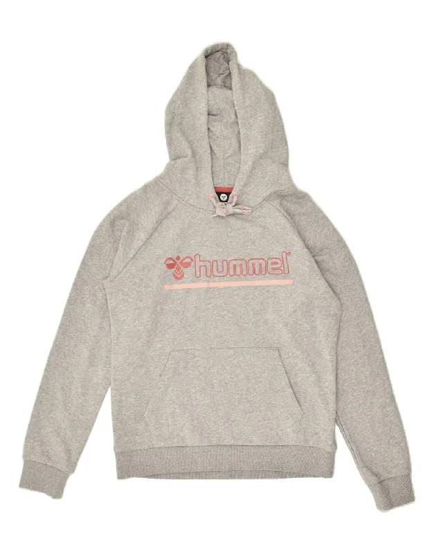 HUMMEL Womens Graphic Hoodie Jumper UK 14 Medium Grey Cotton