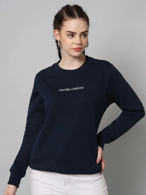 Griffel Women’s Printed Round Neck Navy Cotton Fleece Full Sleeve Sweatshirt