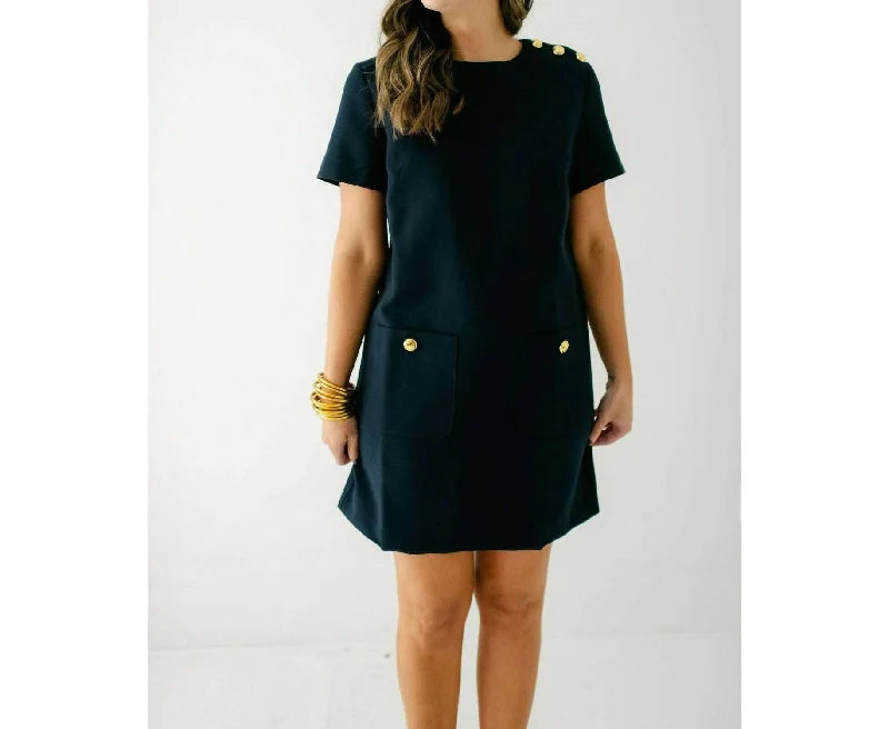 Gold Button Pointed Mini Dress In Navy