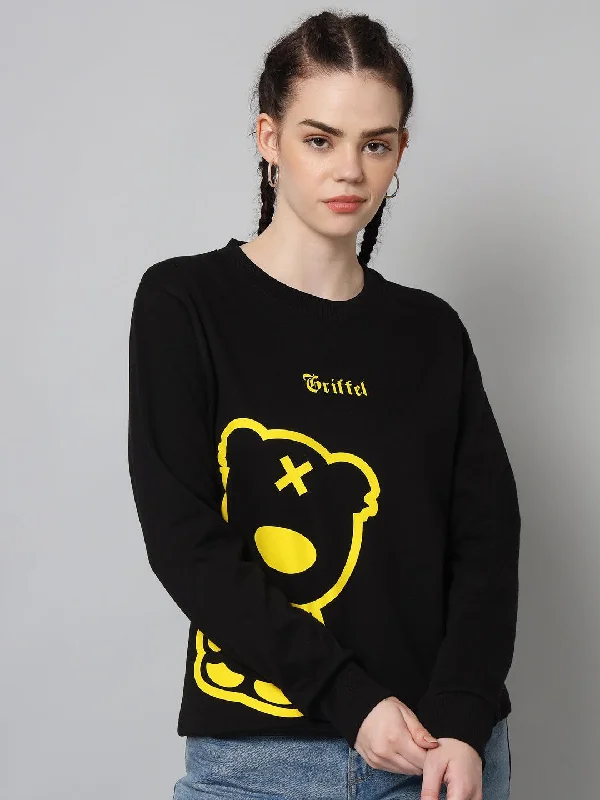 Griffel Women’s Teddy Print Round Neck Mustard Black Cotton Fleece Full Sleeve Sweatshirt